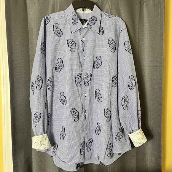 Bugatchi Uomo Button Shirt Mens Size XL Flip Cuff Blue Paisley Embroidered‎ GUC - Picture 1 of 9
